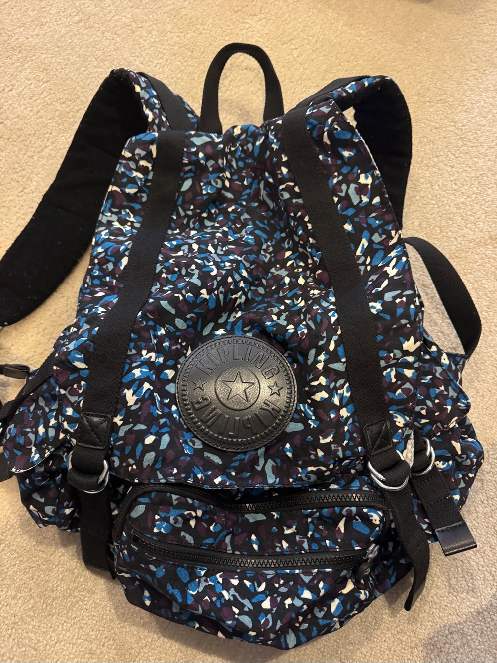 Kipling Black Backpack with Blue and White Abstract Print